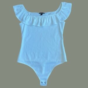 White ribbed ruffle off the shoulder body suit